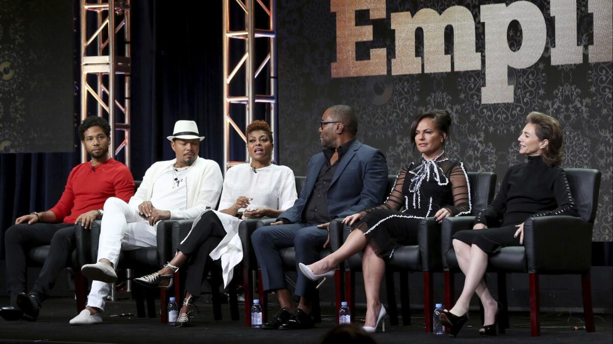In this 2017 file photo, Jussie Smollett, left, appears alongside "Empire" stars Terrence Howard and Taraji P. Henson, and executive producers Lee Daniels, Sanaa Hamri and Ilene Chaiken on a panel during the Television Critics Association Summer Press Tour.