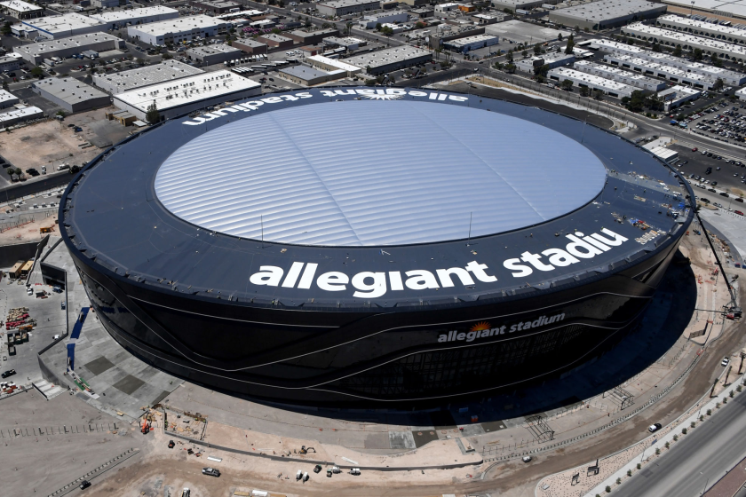 An aerial view shows construction continuing at Allegiant Stadium in Las Vegas.