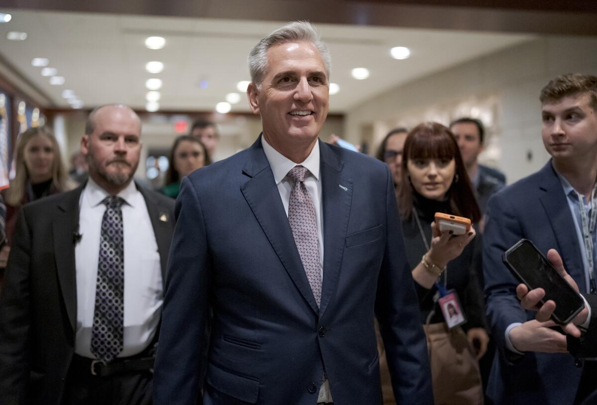 House Minority Leader Kevin McCarthy, R-Calif., who is hoping to be the next speaker of the House, arrives to meet behind closed doors as Republicans hold their leadership candidate forum, where everyone running for a post, including McCarthy, will make their case to the membership, at the Capitol in Washington, Monday, Nov. 14, 2022. (AP Photo/J. Scott Applewhite)