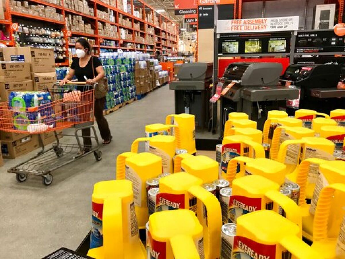 Home Depot aisles are stocked with hurricane supplies as Hurricane Isaias approaches South Florida on Friday, July 31, 2020 in Boynton Beach, Fla. Isaias is forecasted to stay east of the coast but it will bring winds and possible coasting flooding. (Amy Beth Bennett/South Florida Sun-Sentinel via AP)