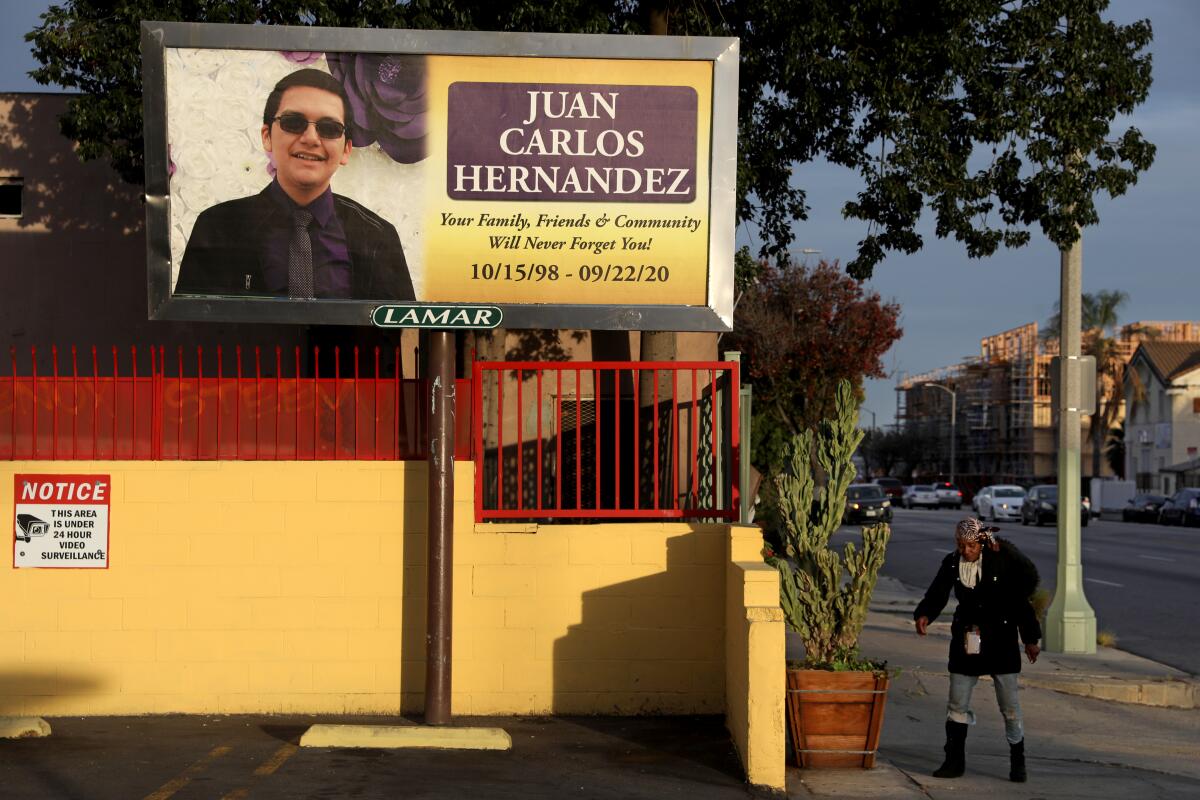 A billboard posted in memory of Juan Carlos Hernandez in Los Angeles in February 2021.