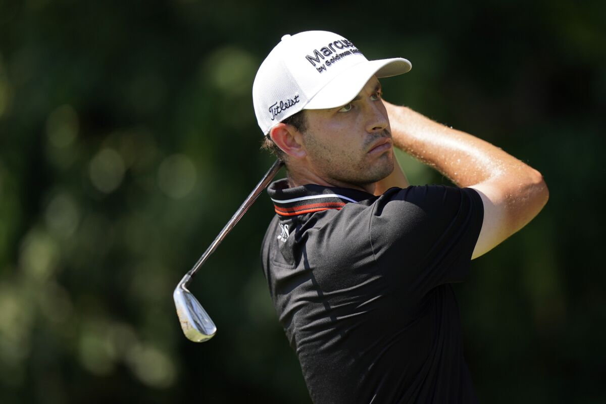 Patrick Cantlay hits from the second tee during the third round of the Tour Championship golf tournament Saturday, Sept. 4, 2021, at East Lake Golf Club in Atlanta. (AP Photo/Brynn Anderson)