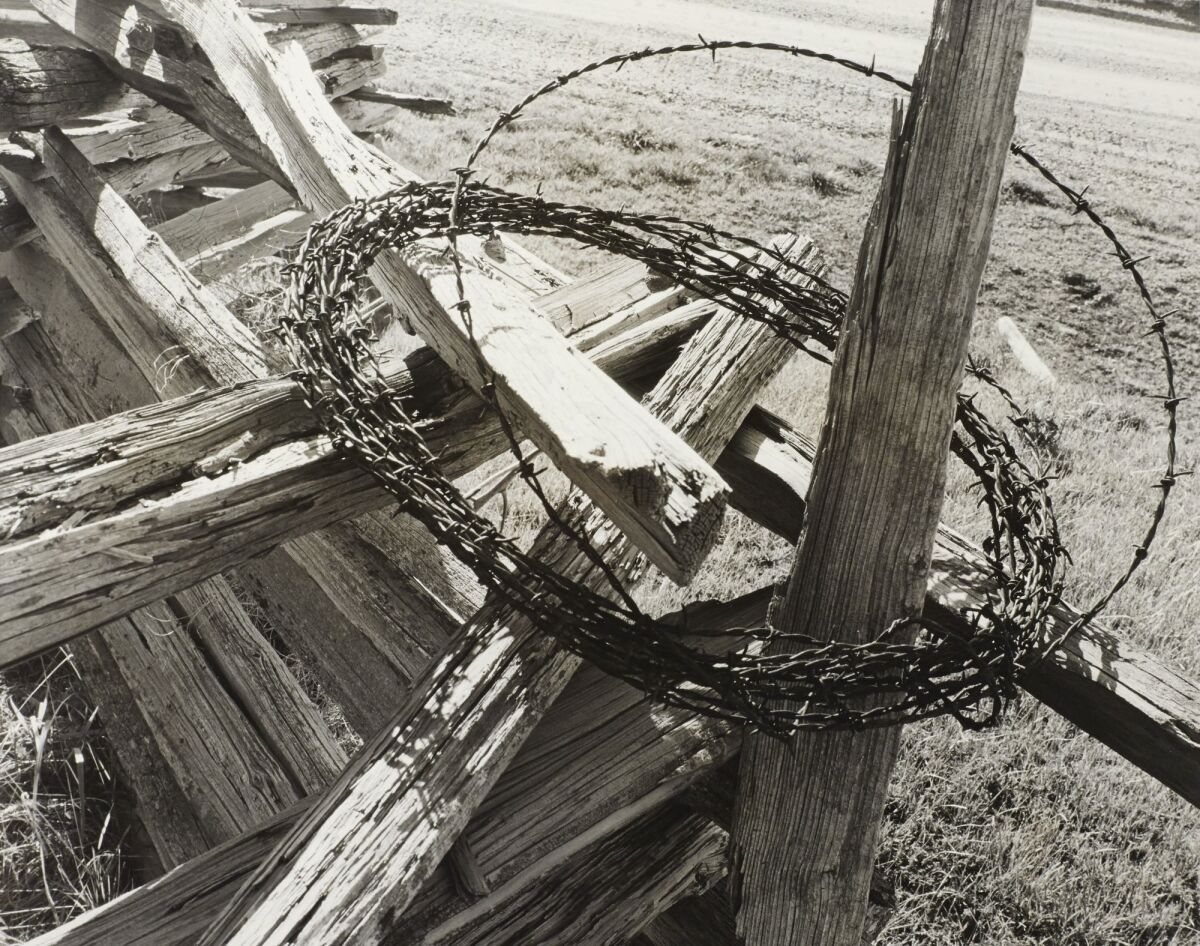 A Getty Museum show of Minor White’s work includes “Cabbage Hill, Oregon (Grande Ronde Valley)” (1941), evoking a cross and crown of thorns.