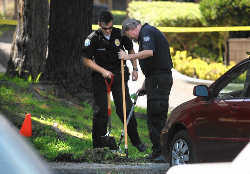 Irvine police officers use a metal detector to investigate a crime scene at UC Irvine, where the Black Student Union is calling for the campus Police Department to be dissolved. The group says the force is emblematic of anti-black sentiment among police nationwide.