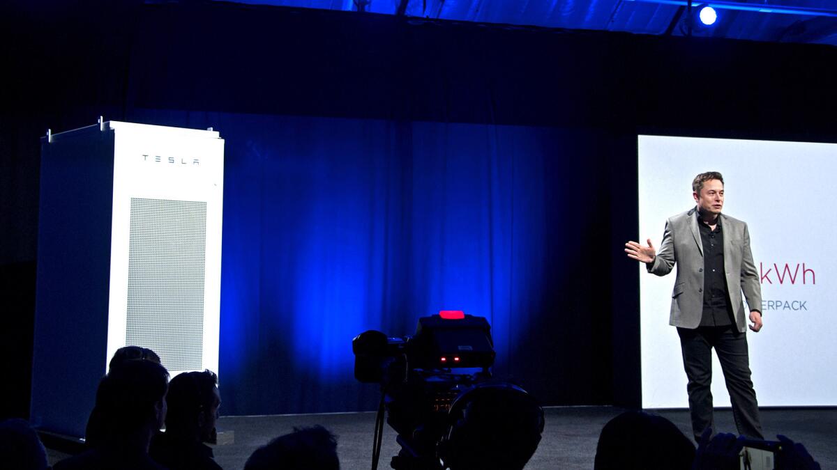 During an event at Tesla’s design studio in Hawthorne, Elon Musk introduces a line of batteries for homes and businesses.