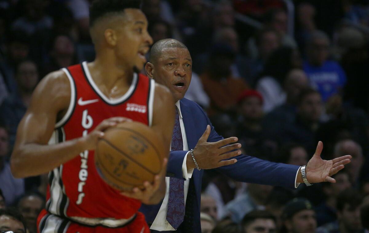 Clippers head coach Doc Rivers coaches against the Portland Trail Blazers in the fourth quarter at Staples Center on Wednesday.