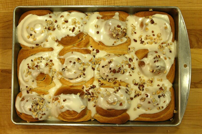 One of our top recipes from 2003, these sweet rolls are lightly spiced with cardamom, then topped with a rich vanilla glaze and chopped hazelnuts.