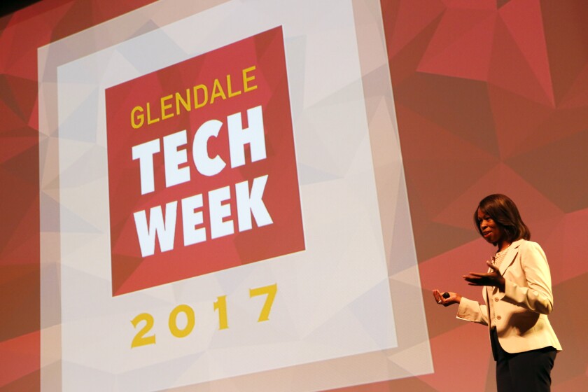 A contestant at Glendale Tech Week's 2017 "Shark Tank"-style Pitchfest competition. Tech Week is one initiative the city of Glendale launched as part of a plan that began developing in 2016 to boost its tech ecosystem. City officials are now hoping to launch a tech accelerator to offer services to early-stage start-ups by the end of the year.