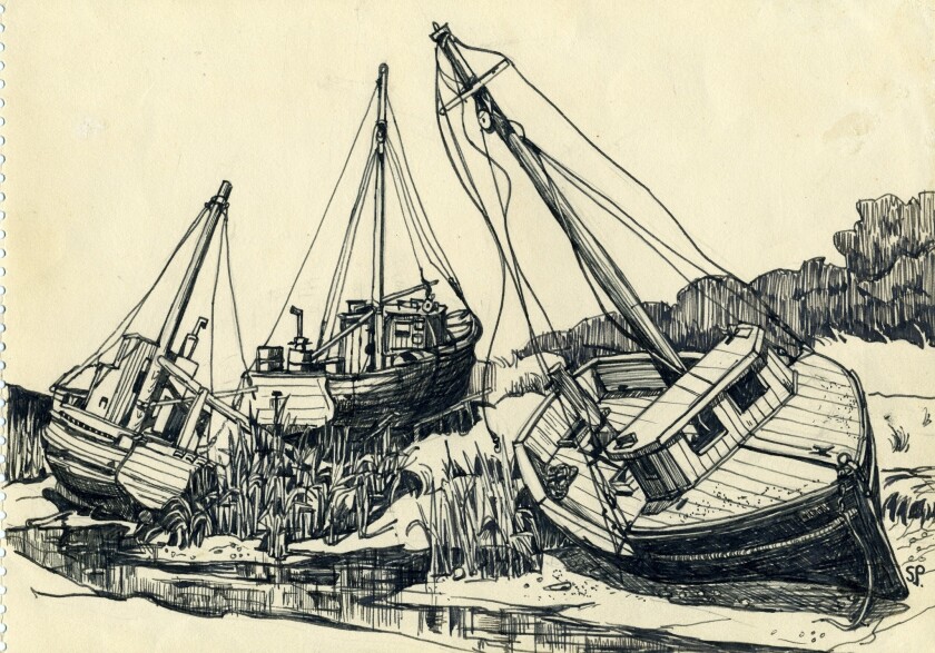 Sylvia Plath's pen and ink drawing, "Boat off Rock Harbour, Cape Cod."