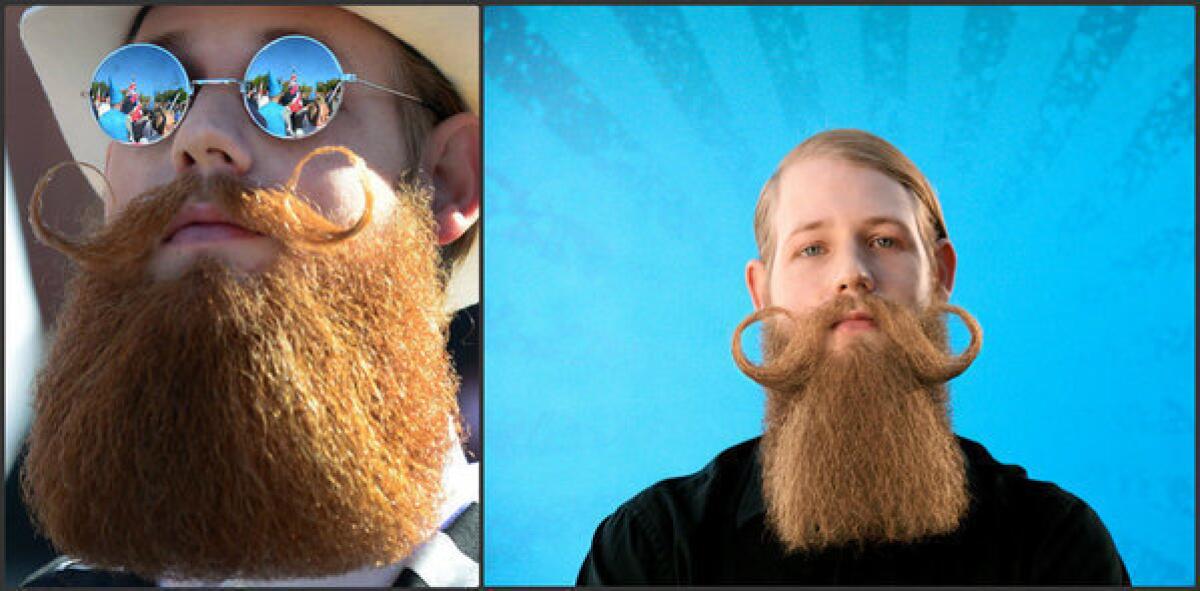 Jeffrey Moustache at the 2012 National Beard & Moustache Championships in Las Vegas, left, and in a new TV commercial for Just for Men Mustache & Beard.