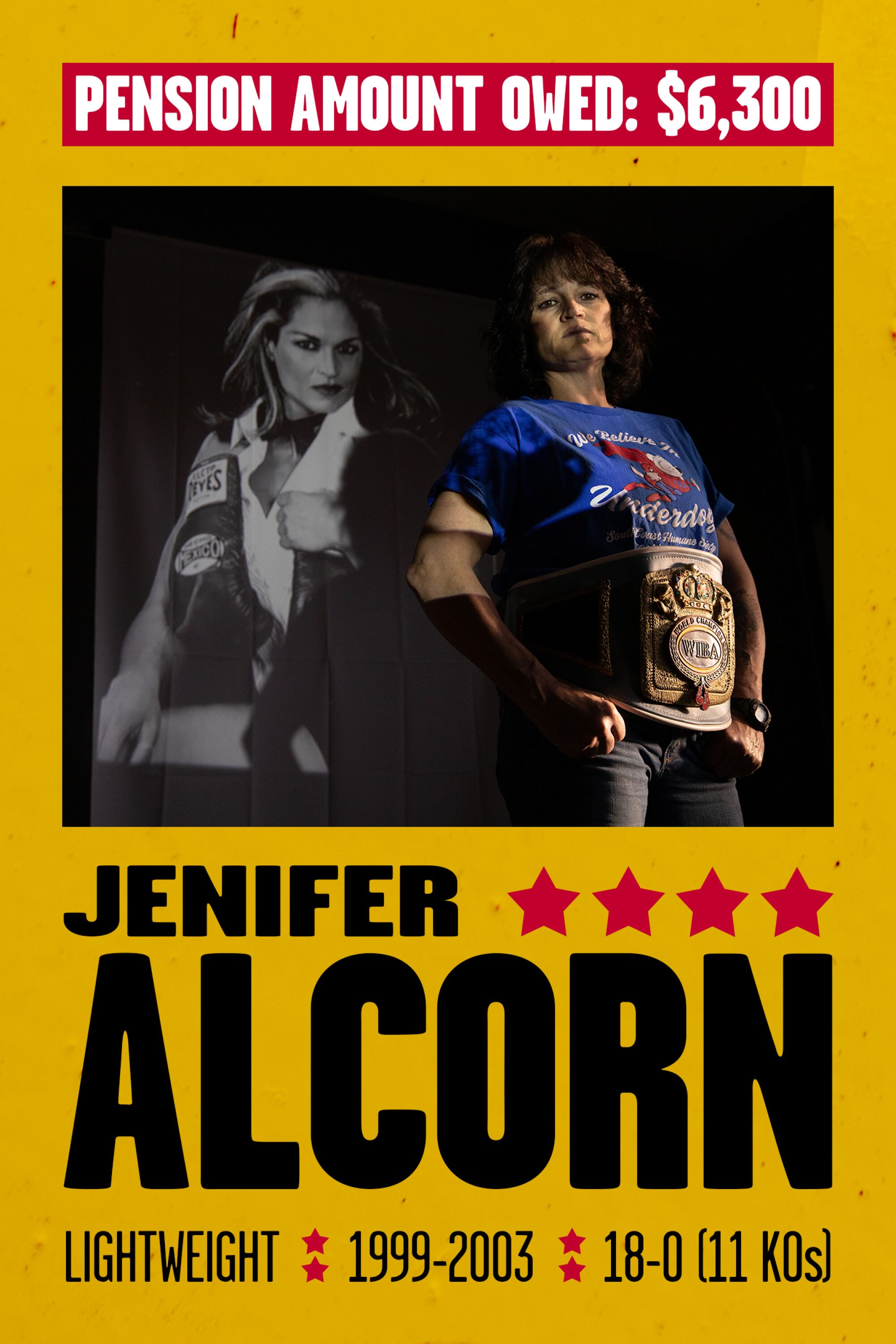 Fight poster for JENIFER ALCORN. LIGHTWEIGHT, 1999-2003, 18-0 (11 KOs), PENSION OWED: $6,300