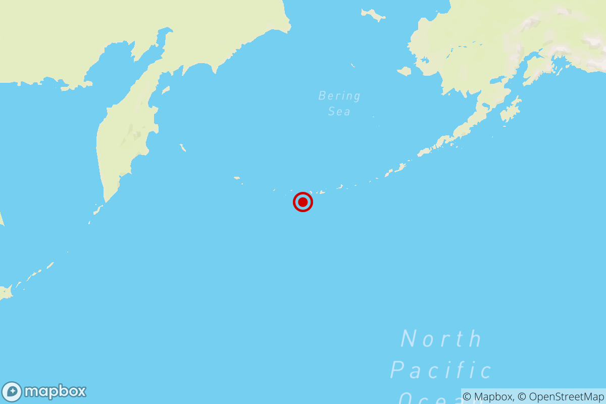 A map showing where an earthquake struck 114 miles from Adak, Alaska
