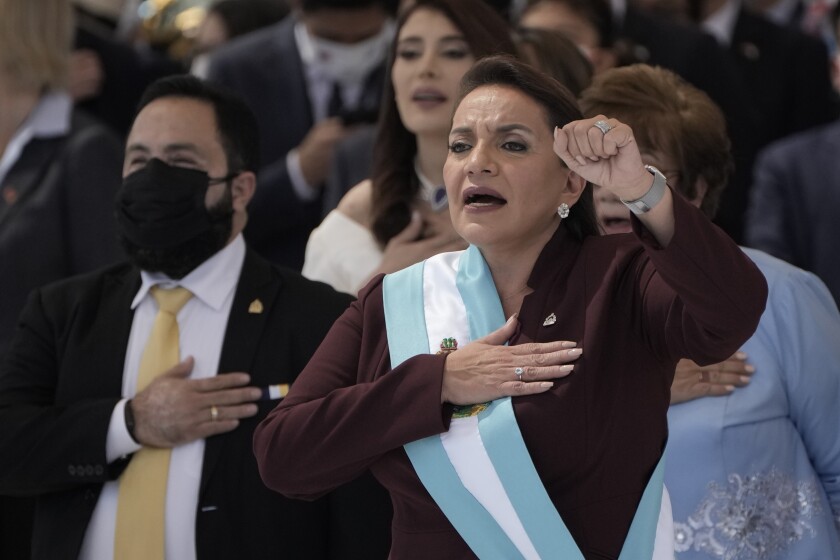 Xiomara Castro is sworn-in as Honduras' first female president at the National stadium in Tegucigalpa, Honduras, Thursday, Nov. 27, 2022. (AP Photo/Moises Castillo)