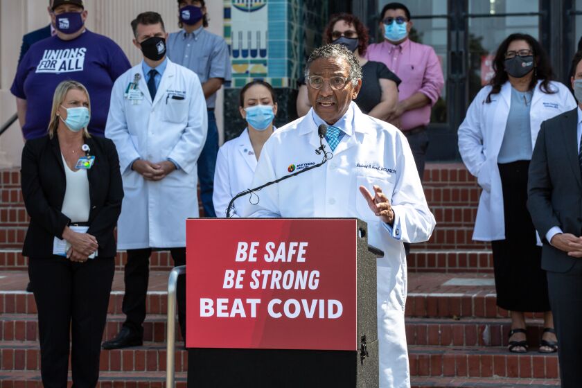 SAN DIEGO, CA - SEPTEMBER 21: County of San Diego Dr. Rodney Hood speaks during a press conference with community members and medical professionals at the County Building on Monday, Sept. 21, 2020 in San Diego, CA. (Jarrod Valliere / The San Diego Union-Tribune)
