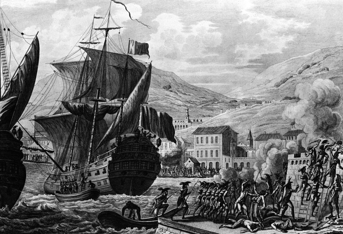 Illustration of troops storming an island port around 1802 with ships in the background. 