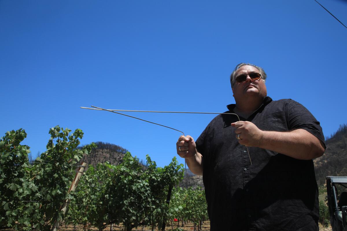 Rob Thompson with his stainless steel dowsing rods at a Napa Valley vineyard.