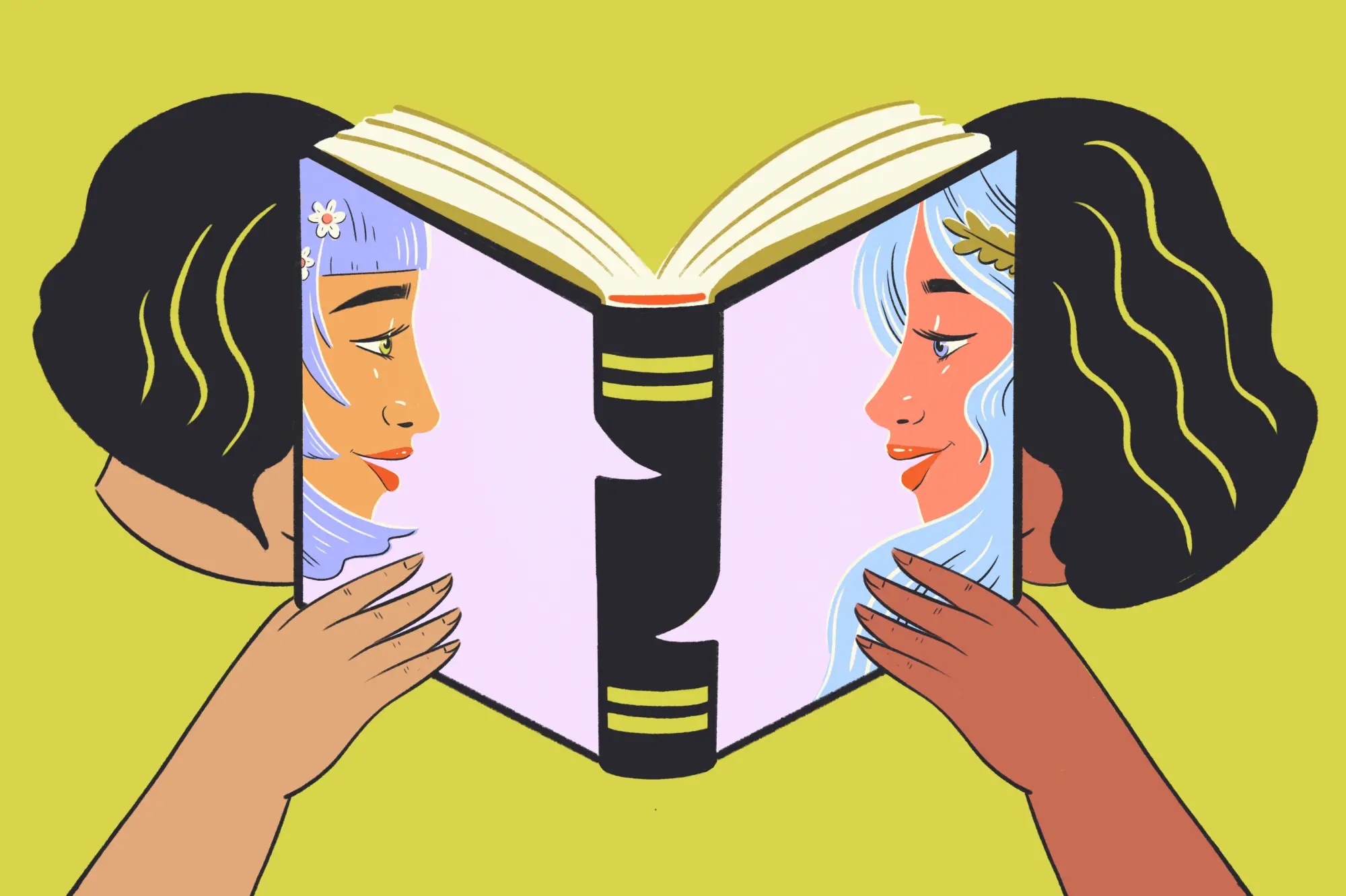 Two women's faces looking at each other incorporated with books