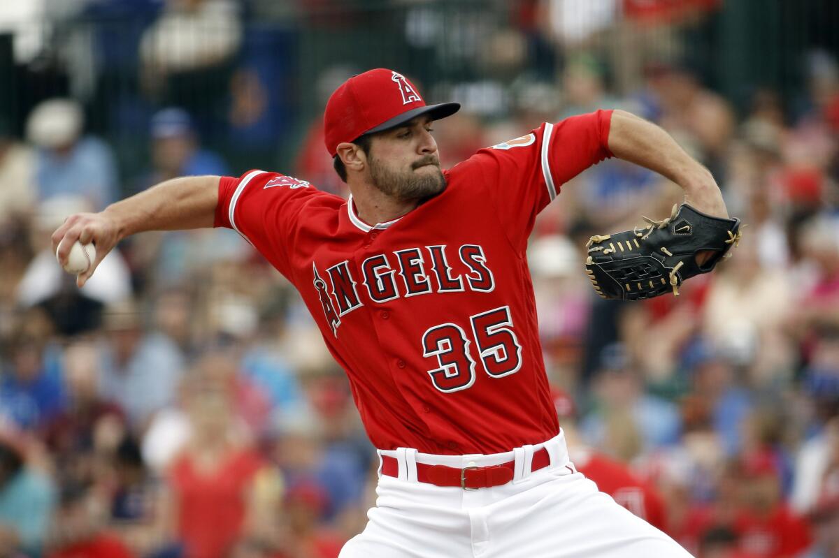 Angels right-hander Nick Tropeano throws during the first inning of a spring training game against the Royals on March 6.