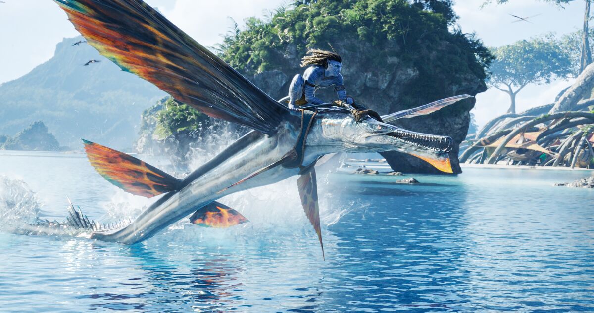 a blue man astride a giant flying fish-type creature soaring above water