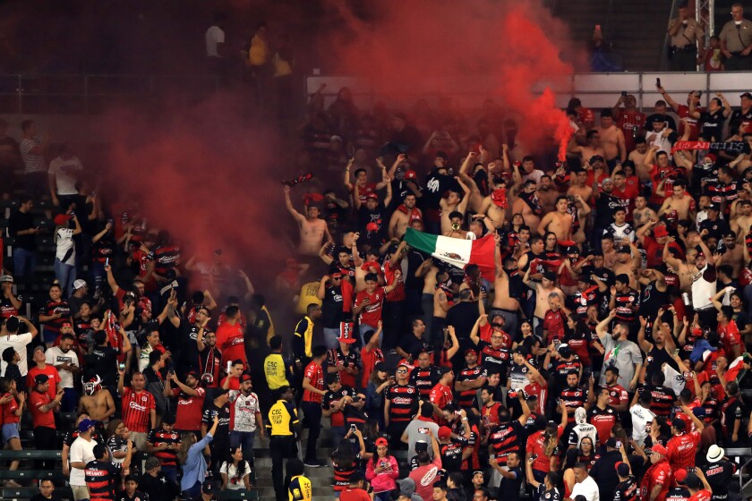 CARSON, CALIFORNIA - JULY 23: Fans of Tijuana chant during the second half of the quarterfinal match against the the Los Angeles Galaxy during the 2019 Leagues Cup at Dignity Health Sports Park on July 23, 2019 in Carson, California. (Photo by Sean M. Haffey/Getty Images) ** OUTS - ELSENT, FPG, CM - OUTS * NM, PH, VA if sourced by CT, LA or MoD **