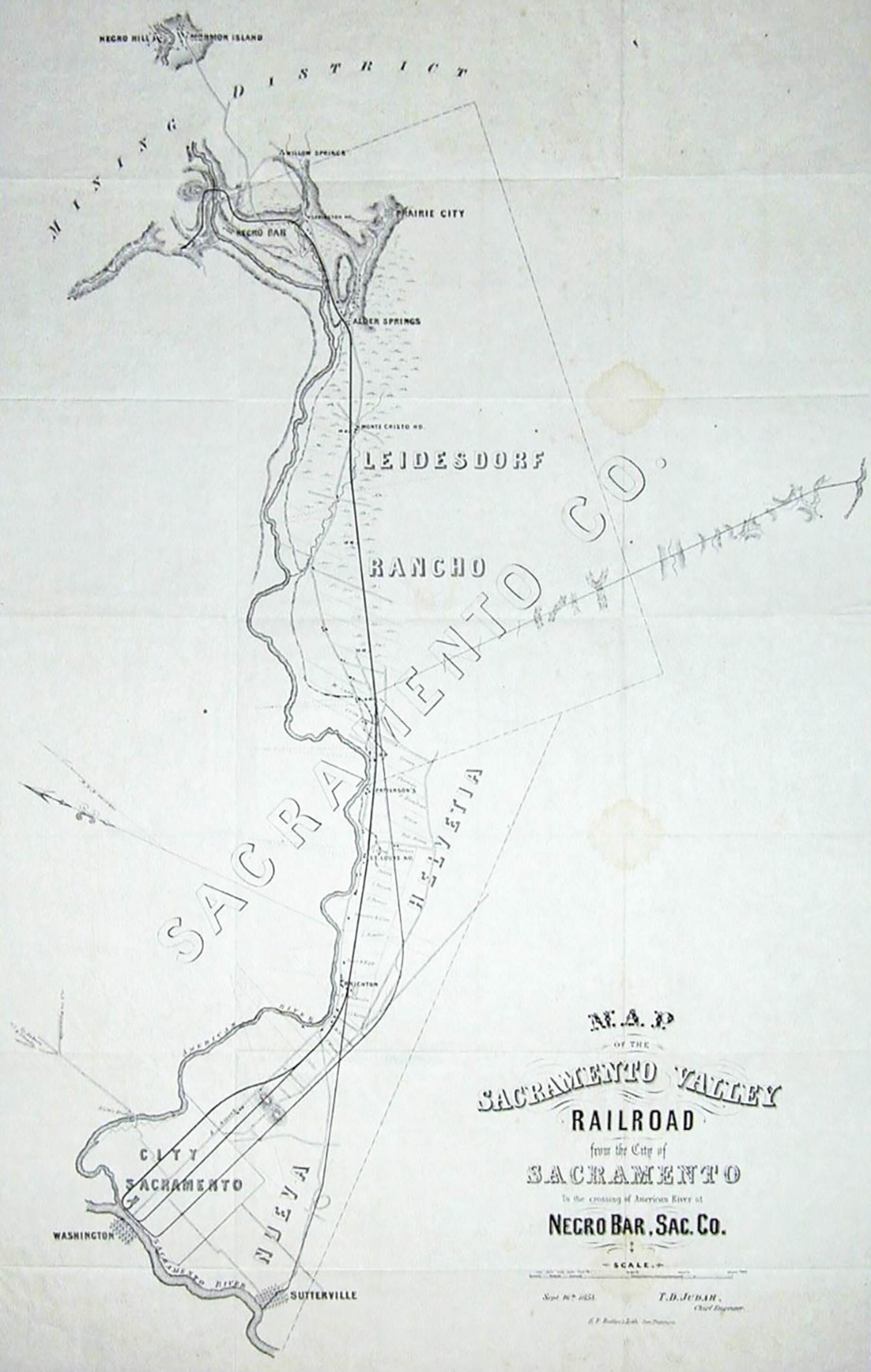 A vintage 19th century map depicts a railroad route through what was then the tiny settlement of Sacramento