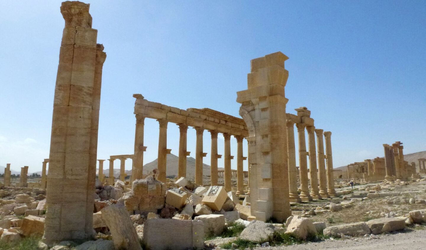 Part of the remains of the Arch of Triumph monument that was destroyed by Islamic State in the ancient Syrian city of Palmyra, after government troops recaptured the UNESCO World Heritage site.