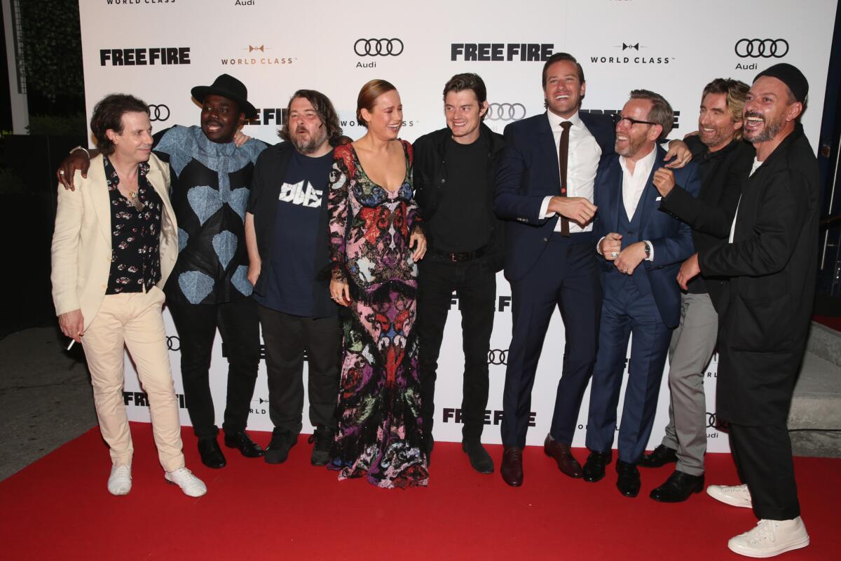 Noah Taylor, Babou Ceesay, director Ben Wheatley, Brie Larson, Sam Riley, Armie Hammer, Michael Smiley, Sharlto Copley and Enzo Cilenti attend the "Free Fire" premiere screening party Thursday in Toronto.