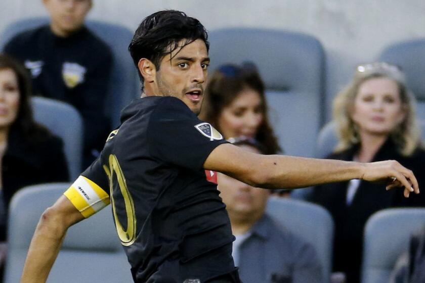 Los Angeles FC forward Carlos Vela (10) of Mexico kicks the ball during an MLS soccer match between Los Angeles FC and Portland Timbers in Los Angeles, Sunday, March 10, 2019. The Los Angeles FC won 4-1. (AP Photo/Ringo H.W. Chiu)
