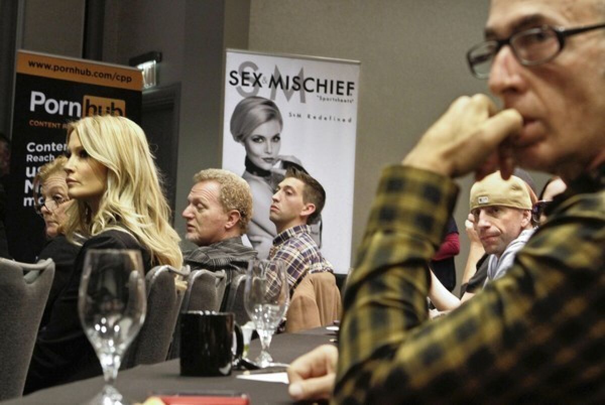 Adult-film performers Jessica Drake, left, and Barry Scott, lower right, are joined by others in the industry during an adult film industry summit at the Sofitel Hotel in Los Angeles for a panel discussion on the passage of Measure B, which required condom use in adult film production.