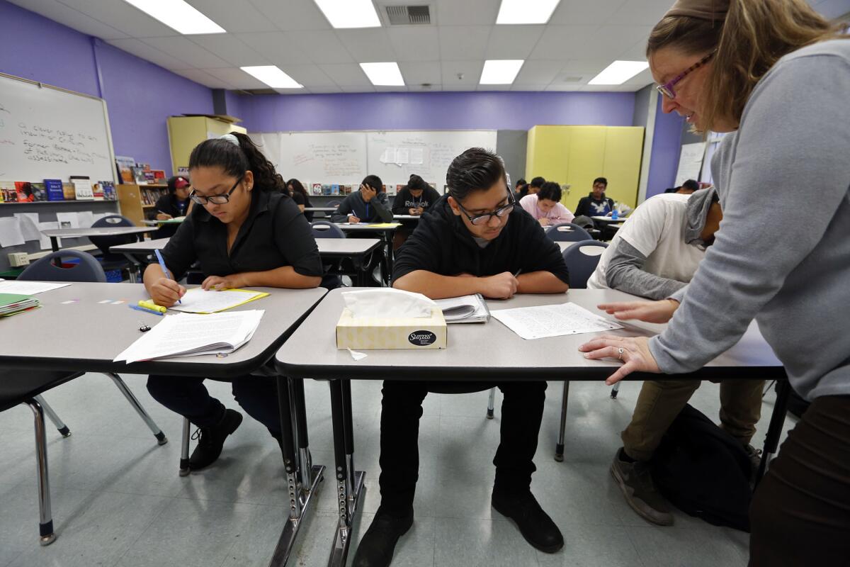 On Tuesday, the L.A. Unified school board voted to maintain -- at least for the moment -- a three-week winter break, which would allow for credit recovery courses like this one at Newmark High School to continue.