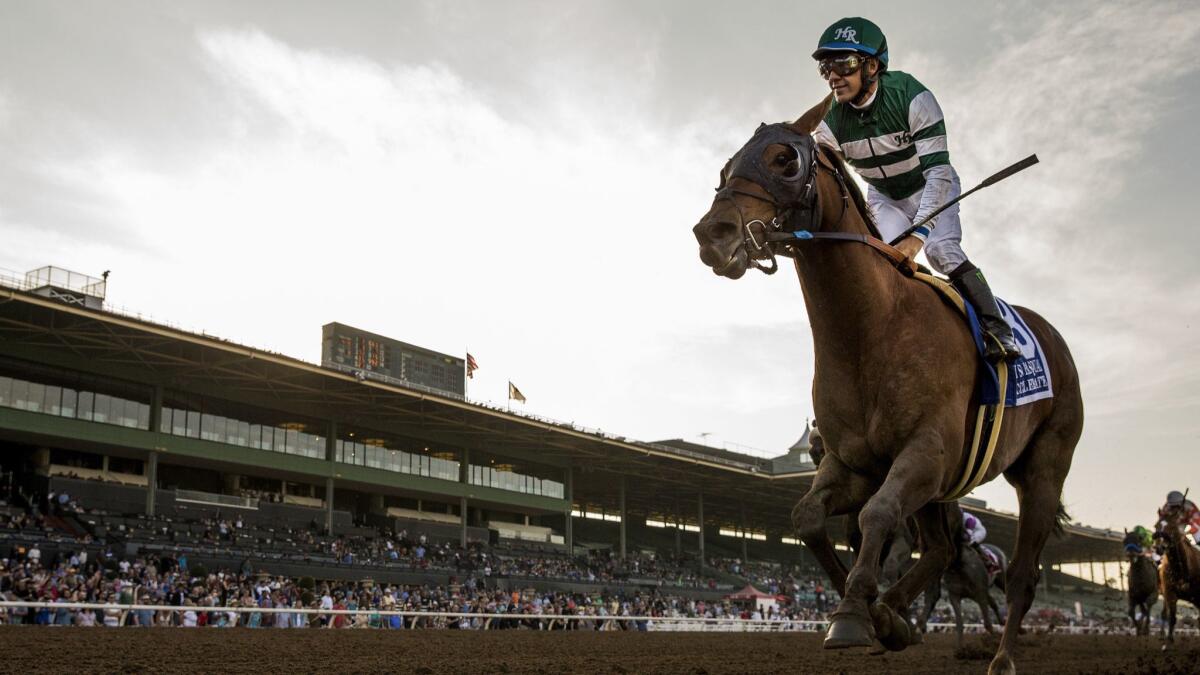 ARCADIA, CA - FEBRUARY 03: Victor Espinoza smiles as he crosses the wire first in the San Pasqual Stakes at Santa Anita Park on February 3, 2018 in Arcadia, California. (Photo by Alex Evers/Eclipse Sportswire/Getty Images) ** OUTS - ELSENT, FPG, CM - OUTS * NM, PH, VA if sourced by CT, LA or MoD **