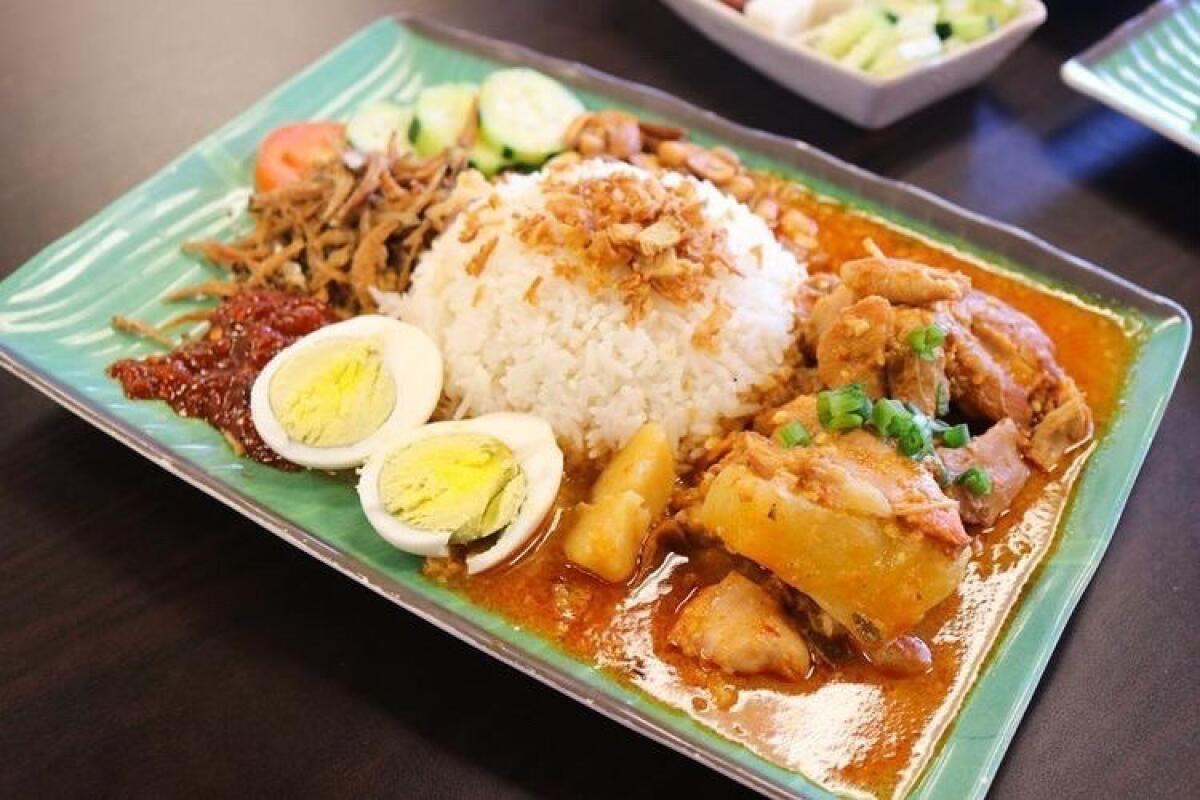 A dish of nasi lemak at Seasons Kitchen USA, a Malaysian restaurant in Anaheim.