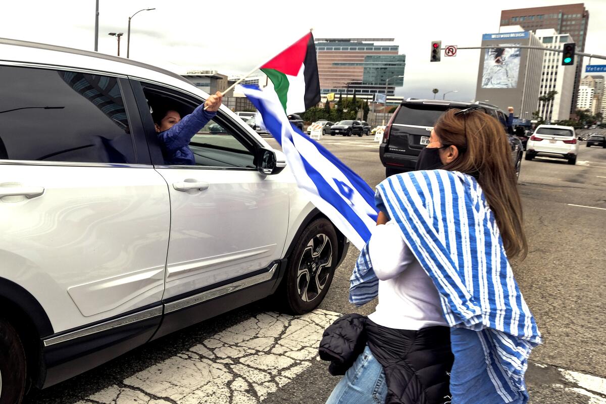 A motorist holding a flag interacts with a demonstrator 