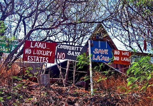 Molokai calls itself "the Friendly Isle," but as these anti-development signs make clear, there's a limit. Mainlanders' snapping up real estate and building vacation mansions have caused resentment. "If you could separate tourism from sale of real estate," says Davianna Pomaikai McGregor, a University of Hawaii professor and part-time Molokai resident, "I think tourism would be more warmly embraced."