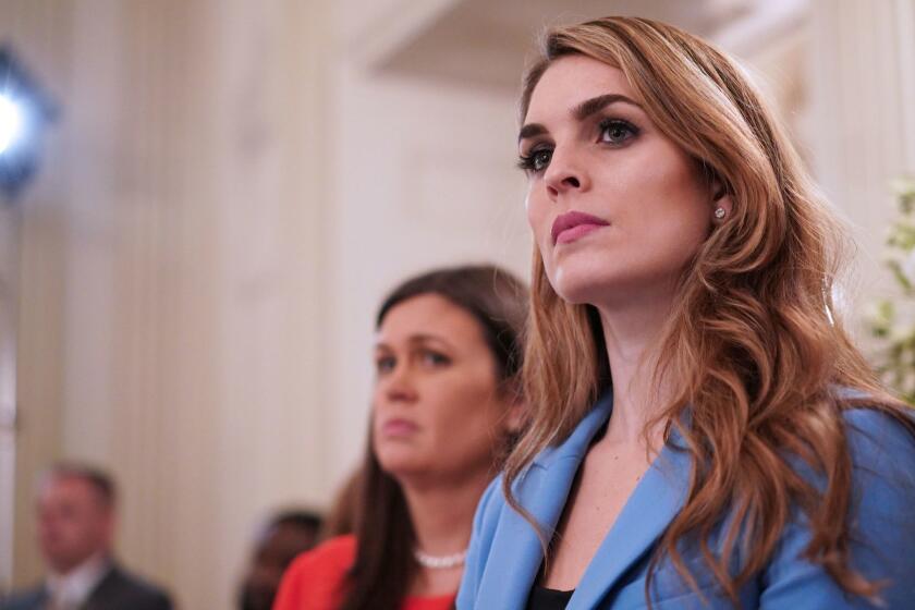 (FILES) In this file photo taken on February 21, 2018 White House Communications Director Hope Hicks watches as US President Donald Trump takes part in a listening session on gun violence with teachers and students in the State Dining Room of the White House. Hope Hicks, the White House communications director and one of President Trumps longest-serving advisers, said Wednesday that she was resigning. / AFP PHOTO / MANDEL NGANMANDEL NGAN/AFP/Getty Images ** OUTS - ELSENT, FPG, CM - OUTS * NM, PH, VA if sourced by CT, LA or MoD **