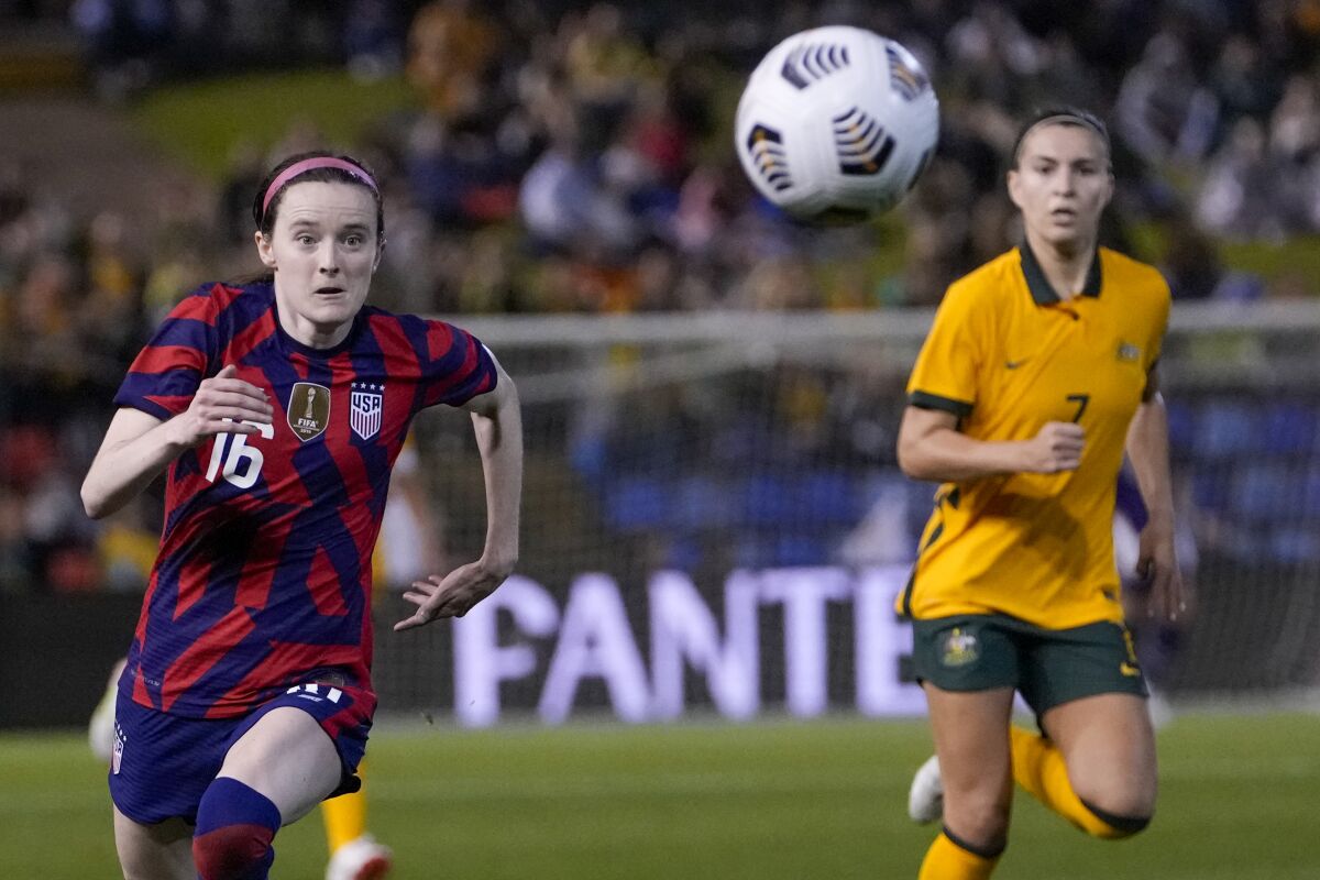 United States' Rose Lavelle chases the ball during the international women's soccer match between the United States and Australia in Newcastle, Australia, Tuesday, Nov. 30, 2021. (AP Photo/Mark Baker)