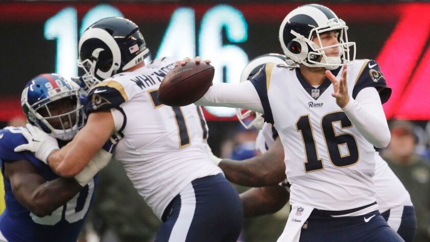 Rams quarterback Jared Goff passed for four touchdowns and 311 yards in a 55-17 victory over the New York Giants on Nov. 5.