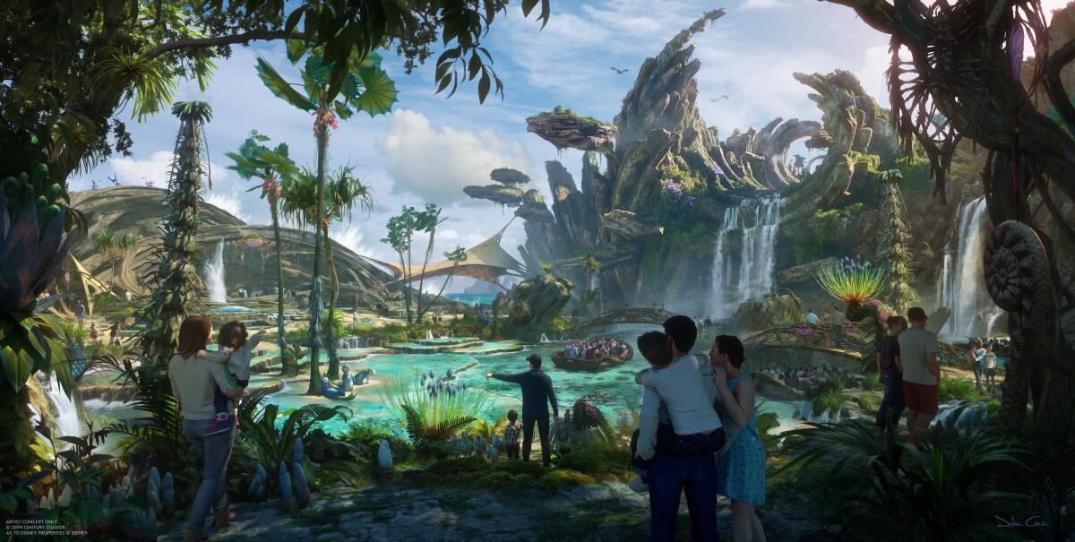 Concept art showing a lush alien world and a possible boat ride. 