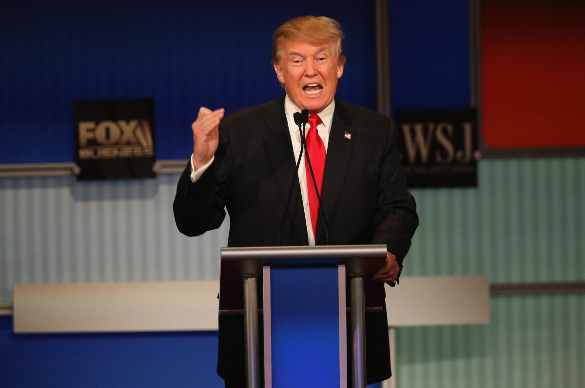 Presidential candidate Donald Trump speaks during the Republican debate in Milwaukee on Nov. 10. Trump did not participate in Thursday's Fox News-hosted debate.