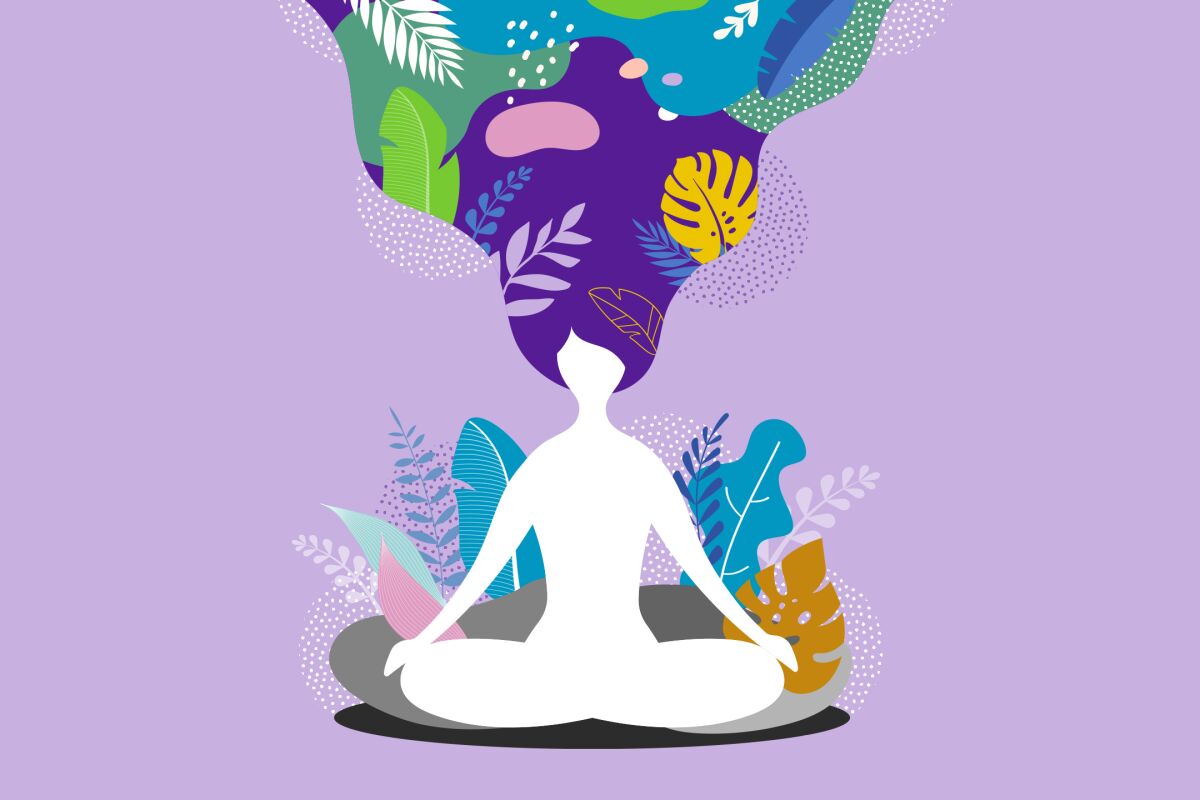 Illustration of a woman sitting in meditation, her mind swirling with images of plants and leaves.