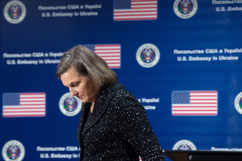 U.S. Assistant Secretary of State Victoria Nuland leaves after holding a press conference at the American Embassy in Kiev on Friday.