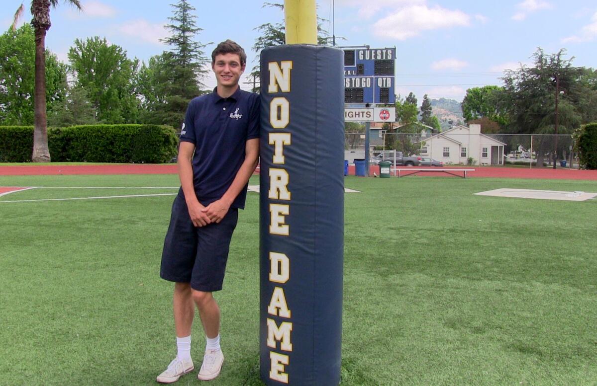 Austin Lietz, a Sherman Oaks Notre Dame senior who struggled playing football but has become a track standout for the Knights.