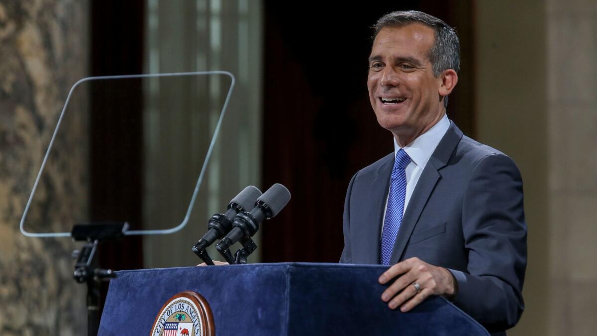 Mayor Eric Garcetti, shown during his 2017 State of the City speech, chose Rich Llewellyn, his former legal advisor, to become city administrative officer.