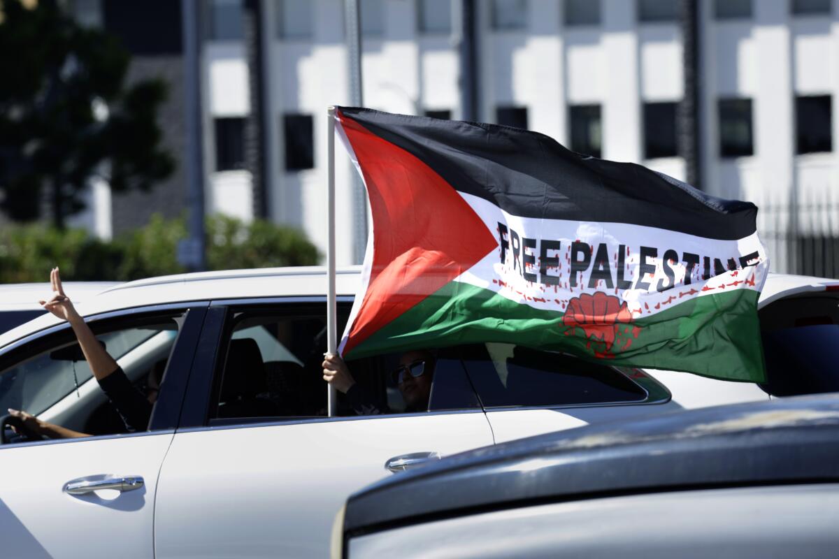 A protester gestures and displays a "Free Palestine" flag through car windows.