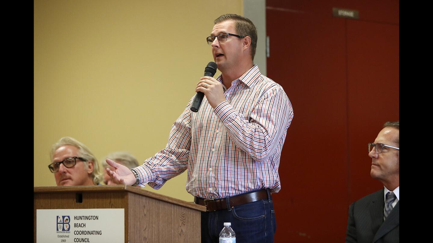 Ron Sterud speaks during a candidate forum at Murdy Park Recreation Center in Huntington Beach on Monday, Oct. 1, 2018.