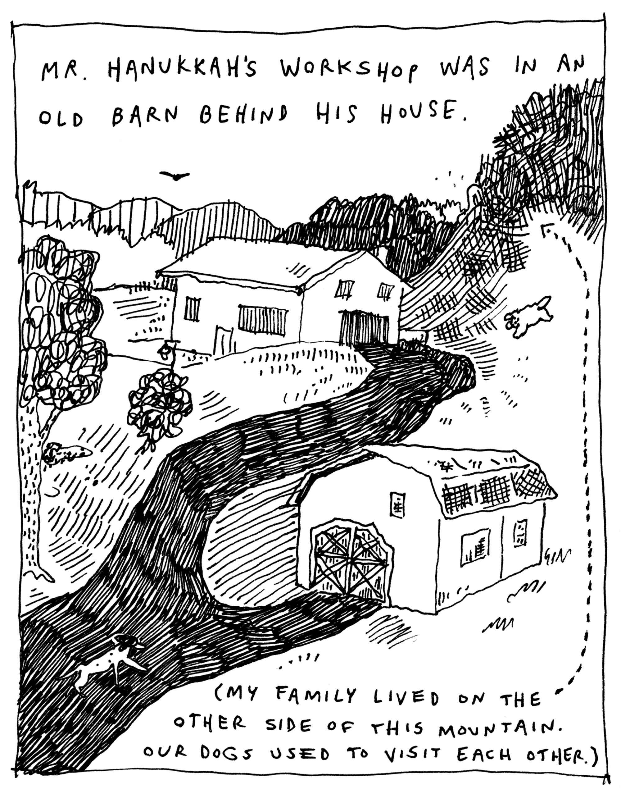 comic illustration of a barn with a house in the background. In the foreground a dog is on a road.