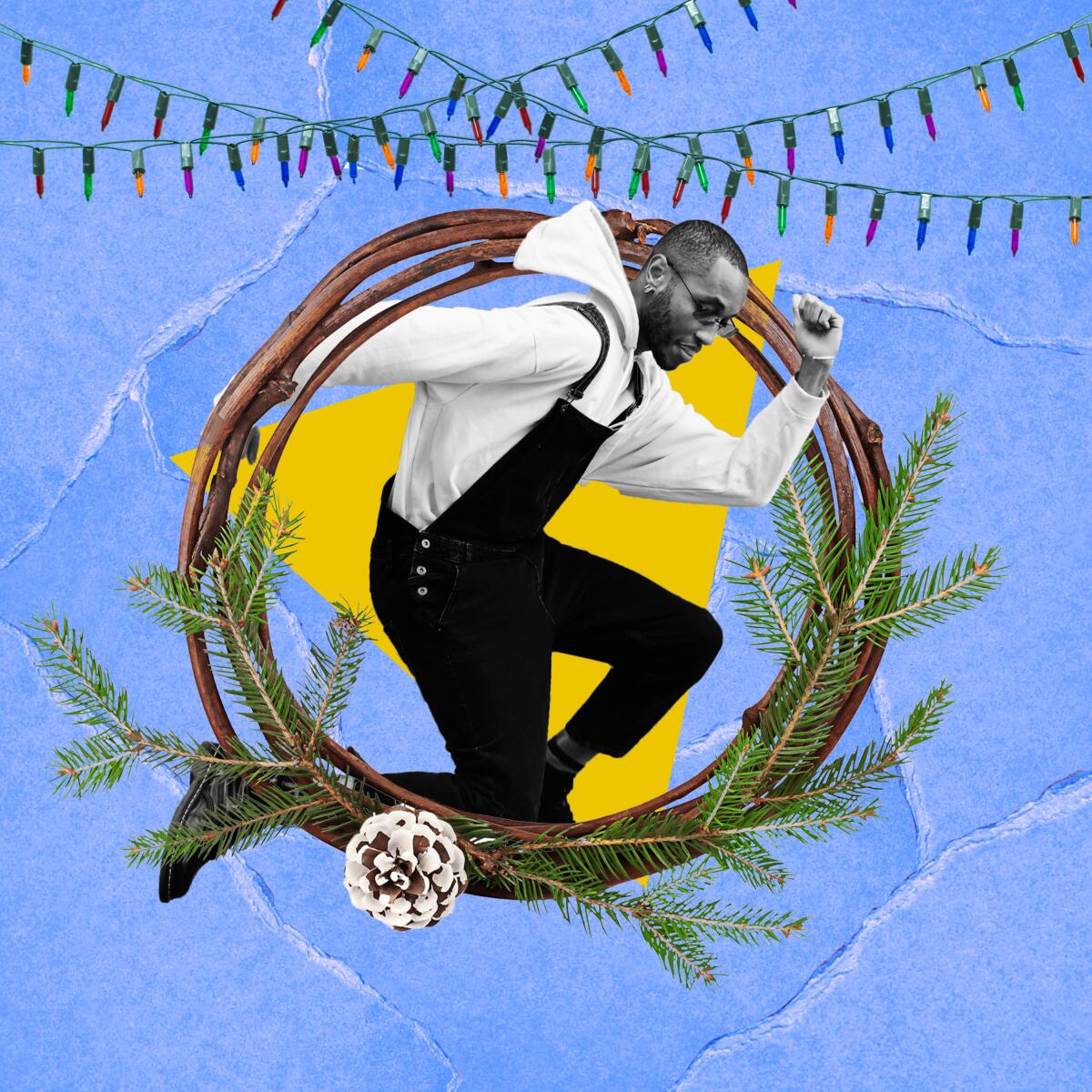 A man leaping through a wreath with lights splayed on top.