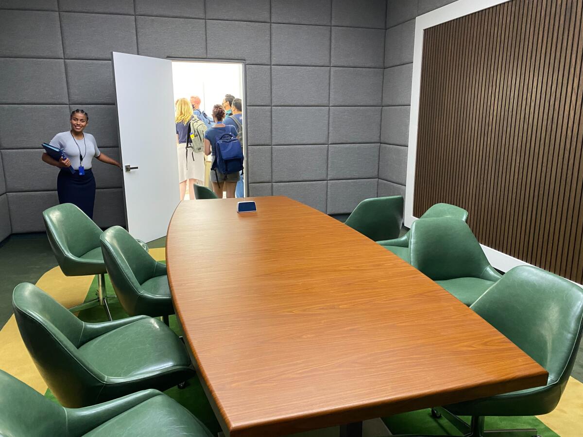 A view of the conference room set at the "Severance" activation at Comic-Con 2022.