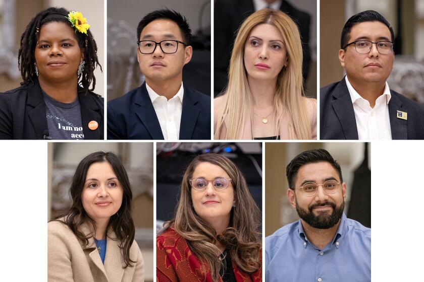 Los Angeles City Council District 6 candidates clockwise from top left; Antoinette Scully, Isaac Kim, Rose Grigoryan, Douglas Sierra, Marco Santana, Imelda Padilla, and Marisa Alcaraz.