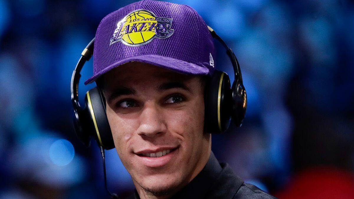 Lonzo Ball is interviewed after being selected by the Lakers at the NBA draft Thursday.